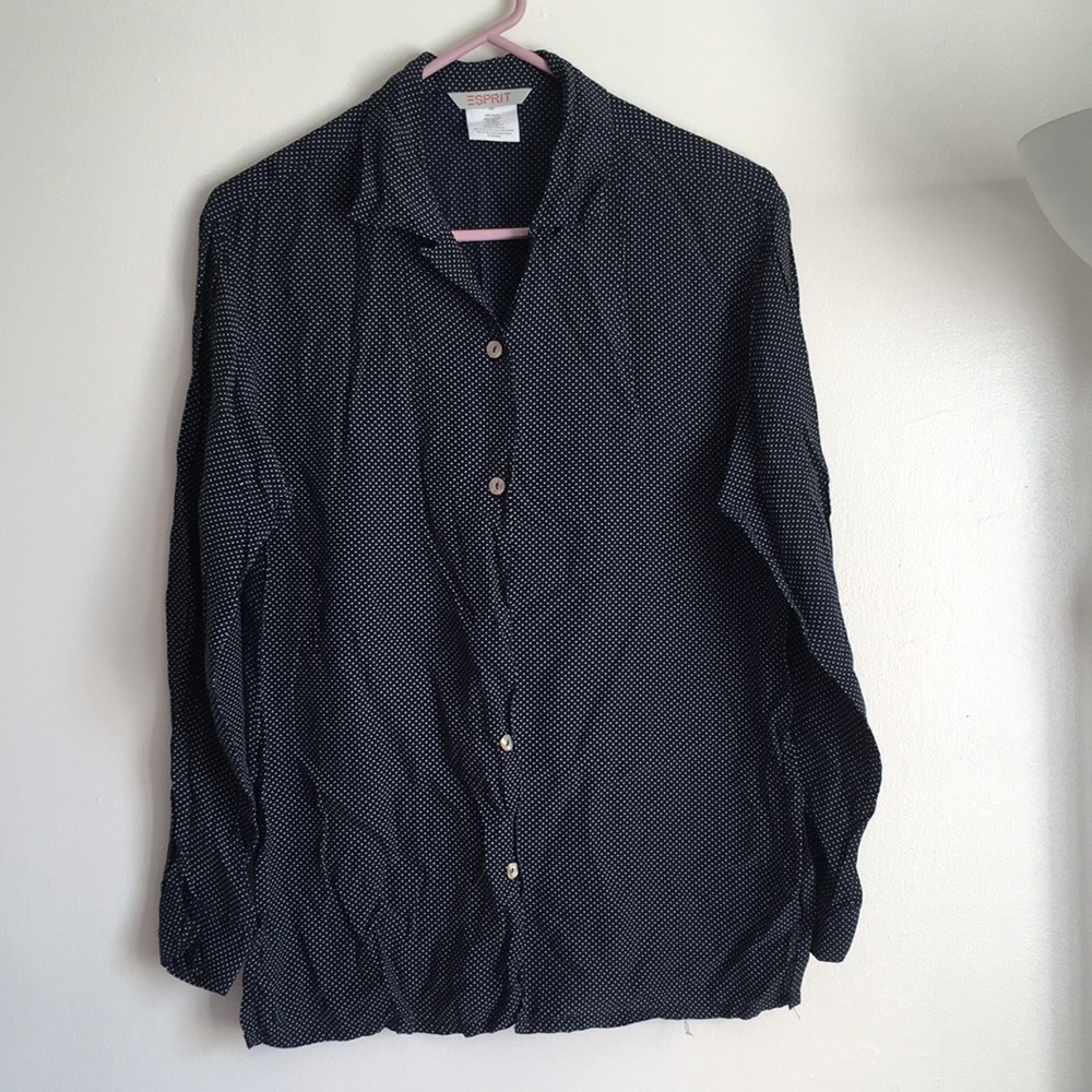 Esprit 100% Rayon Blue Polka Dot Long Sleeve Blouse